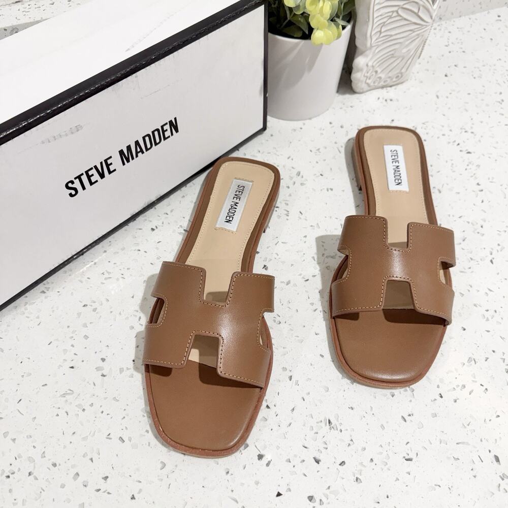 New Steve Madden Hadyn Cognac Leather Brown Slides 8.5 SB